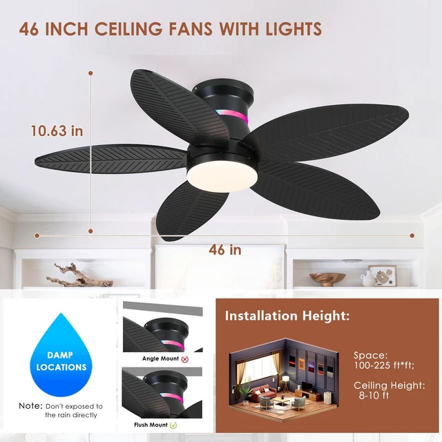 Alt view image 7 of 7 - Tropical Palm Leaf RGB Ceiling Fans with Lights 46, Black Flush Mount Ceiling Fan with Light and Remote, 3CCT Dimmable LED&&Side RGB Light, Reversible 6 Speeds, Quite Low Profile Ceiling Fan Party
