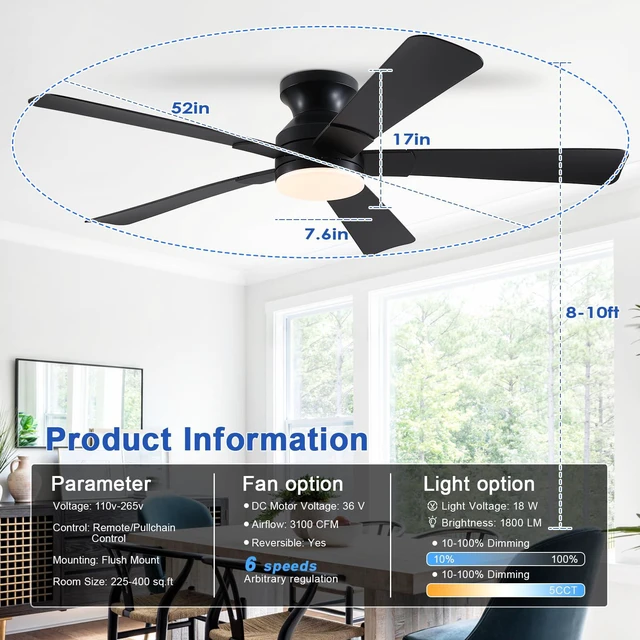 Alt view image 2 of 7 - 52 inch Ceiling Fans with Lights, Black Flush Mount Ceiling Fan with Remote, 3CCT, LED Dimmable, Reversible, 6 Fan Speeds, Quite Low Profile Ceiling Fan with Lights Modern Bedroom Kitchen Indoor