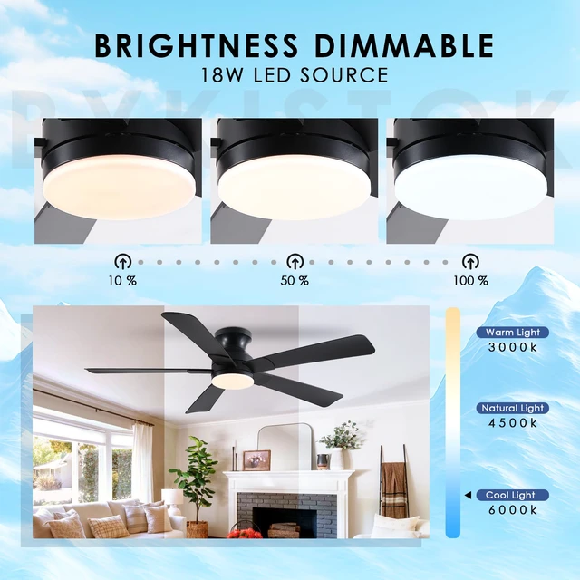 Alt view image 5 of 7 - 52 inch Ceiling Fans with Lights, Black Flush Mount Ceiling Fan with Remote, 3CCT, LED Dimmable, Reversible, 6 Fan Speeds, Quite Low Profile Ceiling Fan with Lights Modern Bedroom Kitchen Indoor