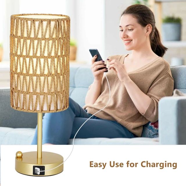 Alt view image 5 of 7 - Gold Bedside Lamps Set of 2, Touch Control Night Stand Lamp for Bedroom with Rattan & Linen Shade & Bulbs, 3 Way Dimmable Small Boho Table Lamps with USB Charging Port & Phone Stand