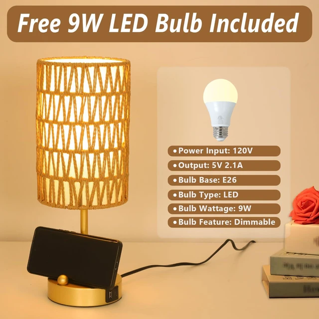 Alt view image 6 of 7 - Gold Bedside Lamps Set of 2, Touch Control Night Stand Lamp for Bedroom with Rattan & Linen Shade & Bulbs, 3 Way Dimmable Small Boho Table Lamps with USB Charging Port & Phone Stand