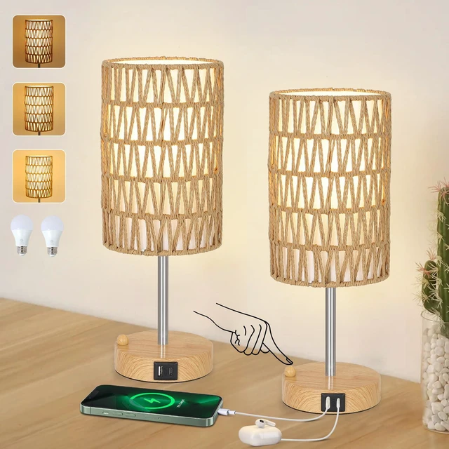 Main image of Bedside Lamps Set of 2 with Bulb, Touch Control Nightstand Lamp for Bedroom with Rattan & Linen Shade, 3 Way Dimmable Small Boho Table Lamps with USB Charging Port & Phone Stand