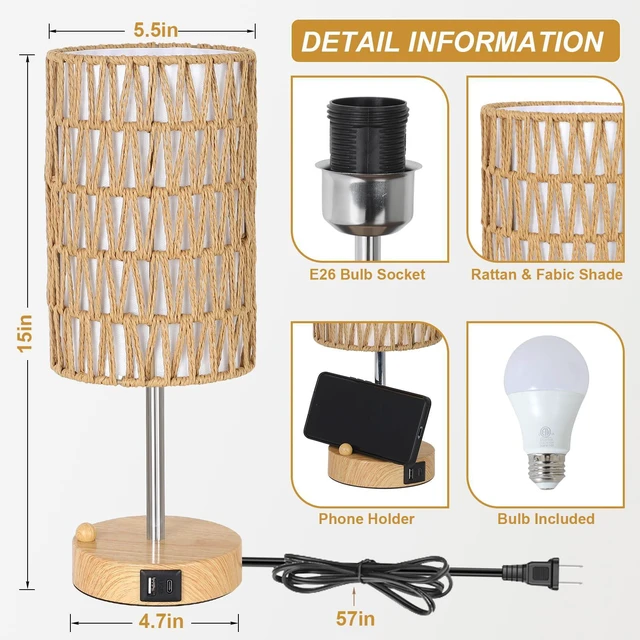 Alt view image 2 of 7 - Bedside Lamps Set of 2 with Bulb, Touch Control Nightstand Lamp for Bedroom with Rattan & Linen Shade, 3 Way Dimmable Small Boho Table Lamps with USB Charging Port & Phone Stand