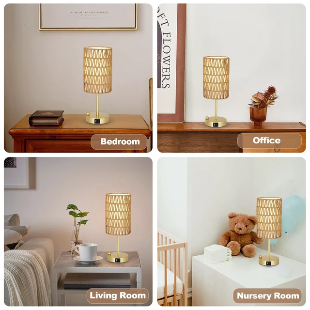 Alt view image 7 of 7 - Gold Bedside Lamps Set of 2, Touch Control Night Stand Lamp for Bedroom with Rattan & Linen Shade & Bulbs, 3 Way Dimmable Small Boho Table Lamps with USB Charging Port & Phone Stand