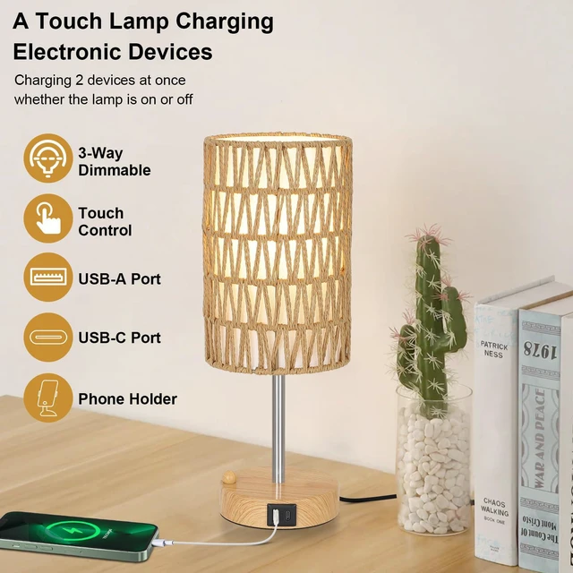 Alt view image 3 of 7 - Bedside Lamps Set of 2 with Bulb, Touch Control Nightstand Lamp for Bedroom with Rattan & Linen Shade, 3 Way Dimmable Small Boho Table Lamps with USB Charging Port & Phone Stand