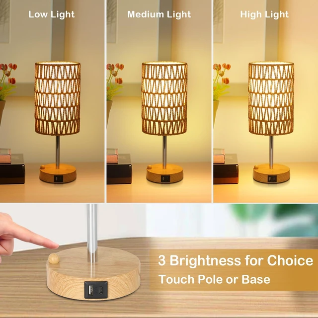 Alt view image 4 of 7 - Bedside Lamps Set of 2 with Bulb, Touch Control Nightstand Lamp for Bedroom with Rattan & Linen Shade, 3 Way Dimmable Small Boho Table Lamps with USB Charging Port & Phone Stand