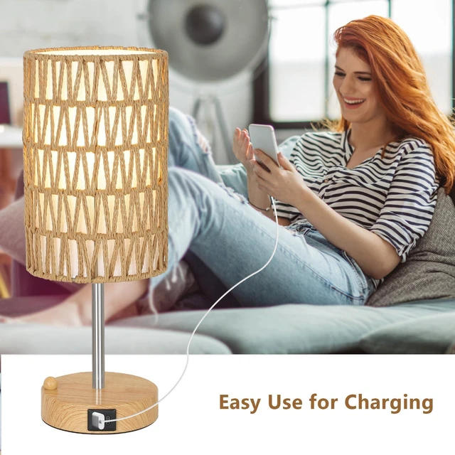 Alt view image 6 of 7 - Bedside Lamps Set of 2 with Bulb, Touch Control Nightstand Lamp for Bedroom with Rattan & Linen Shade, 3 Way Dimmable Small Boho Table Lamps with USB Charging Port & Phone Stand