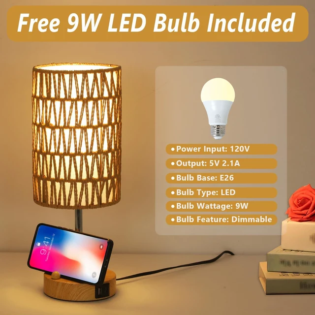 Alt view image 7 of 7 - Bedside Lamps Set of 2 with Bulb, Touch Control Nightstand Lamp for Bedroom with Rattan & Linen Shade, 3 Way Dimmable Small Boho Table Lamps with USB Charging Port & Phone Stand
