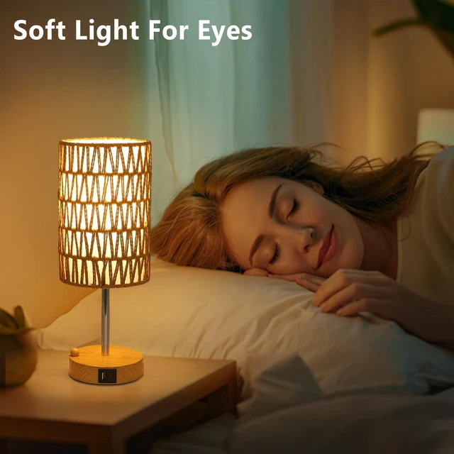 Alt view image 5 of 7 - Bedside Lamps Set of 2 with Bulb, Touch Control Nightstand Lamp for Bedroom with Rattan & Linen Shade, 3 Way Dimmable Small Boho Table Lamps with USB Charging Port & Phone Stand