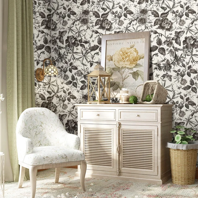 Alt view image 2 of 7 - Black Rose Floral Vintage Peel and Stick Wallpaper,15.8" x 1200" Self Adhesive Removable Rose Floral Butterfly Contact Paper, Vintage Vinyl Wall Paper for Bedroom, Decor,131.67 sq
