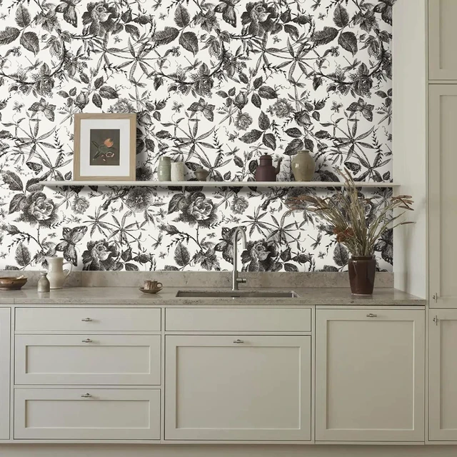 Alt view image 3 of 7 - Black Rose Floral Vintage Peel and Stick Wallpaper,15.8" x 1200" Self Adhesive Removable Rose Floral Butterfly Contact Paper, Vintage Vinyl Wall Paper for Bedroom, Decor,131.67 sq