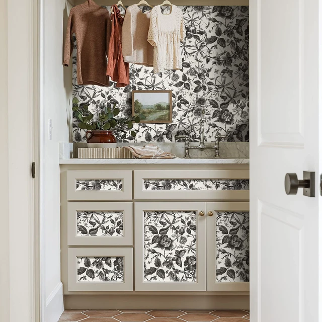 Alt view image 4 of 7 - Black Rose Floral Vintage Peel and Stick Wallpaper,15.8" x 1200" Self Adhesive Removable Rose Floral Butterfly Contact Paper, Vintage Vinyl Wall Paper for Bedroom, Decor,131.67 sq