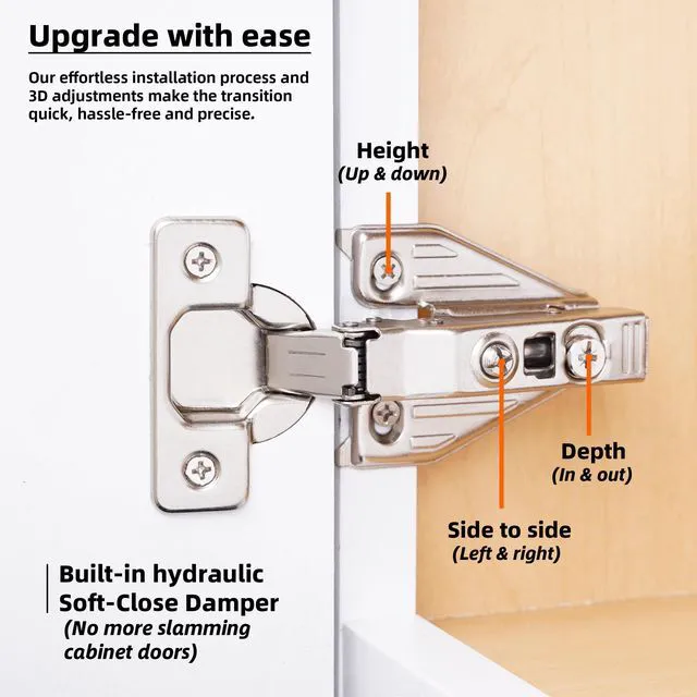 Alt view image 3 of 7 - (40 PCS) Full Overlay Soft Close Cabinet Hinges for Kitchen Cabinets - 105° Face Frame Concealed Cabinet Door Hinge -3 Way Adjustability -Clip on Plate & Matching Screw 4 Easy Installation