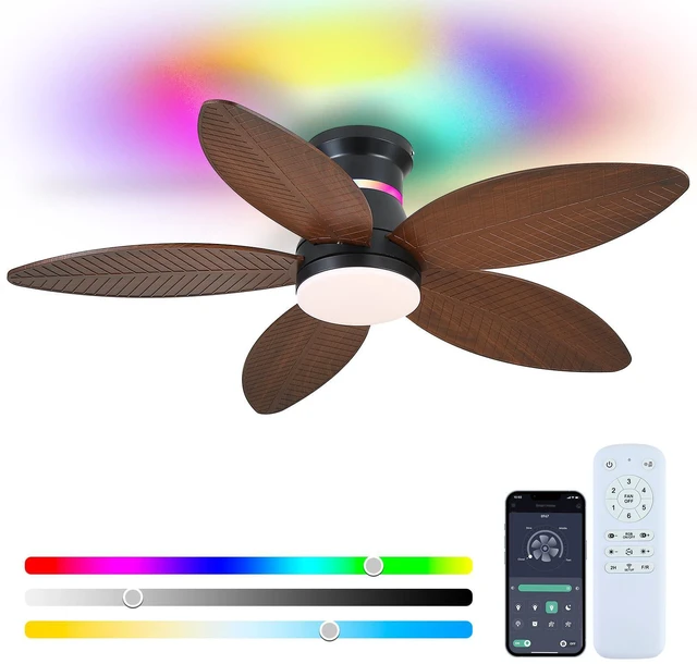 Main image of Tropical Palm Leaf RGB Ceiling Fans with Lights 46, Brown Flush Mount Ceiling Fan with Light and Remote, 3CCT Dimmable LED&&Side RGB Light, Reversible 6 Speeds, Quite Low Profile Ceiling Fan Party