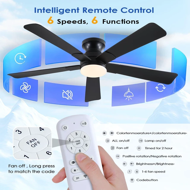 Alt view image 7 of 7 - 52 inch Ceiling Fans with Lights, Black Flush Mount Ceiling Fan with Remote, 3CCT, LED Dimmable, Reversible, 6 Fan Speeds, Quite Low Profile Ceiling Fan with Lights Modern Bedroom Kitchen Indoor