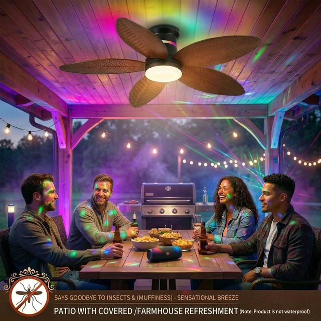 Alt view image 2 of 7 - Tropical Palm Leaf RGB Ceiling Fans with Lights 46, Brown Flush Mount Ceiling Fan with Light and Remote, 3CCT Dimmable LED&&Side RGB Light, Reversible 6 Speeds, Quite Low Profile Ceiling Fan Party
