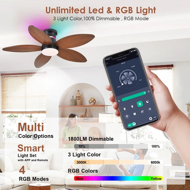 Alt view image 3 of 7 - Tropical Palm Leaf RGB Ceiling Fans with Lights 46, Brown Flush Mount Ceiling Fan with Light and Remote, 3CCT Dimmable LED&&Side RGB Light, Reversible 6 Speeds, Quite Low Profile Ceiling Fan Party