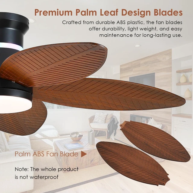Alt view image 4 of 7 - Tropical Palm Leaf RGB Ceiling Fans with Lights 46, Brown Flush Mount Ceiling Fan with Light and Remote, 3CCT Dimmable LED&&Side RGB Light, Reversible 6 Speeds, Quite Low Profile Ceiling Fan Party