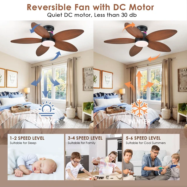 Alt view image 5 of 7 - Tropical Palm Leaf RGB Ceiling Fans with Lights 46, Brown Flush Mount Ceiling Fan with Light and Remote, 3CCT Dimmable LED&&Side RGB Light, Reversible 6 Speeds, Quite Low Profile Ceiling Fan Party