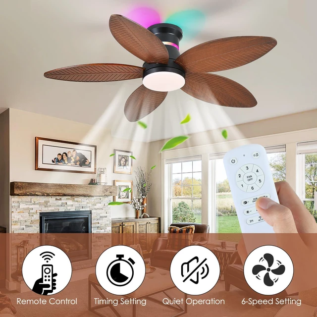 Alt view image 7 of 7 - Tropical Palm Leaf RGB Ceiling Fans with Lights 46, Brown Flush Mount Ceiling Fan with Light and Remote, 3CCT Dimmable LED&&Side RGB Light, Reversible 6 Speeds, Quite Low Profile Ceiling Fan Party