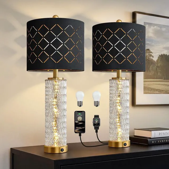 Main image of 27.75" Modern Table Lamps Set of 2, Gold Bedside Lamp with Crystal Nightlight, USB A+C, Black Grid Shade, Unique Desk Lamps for Living Room, Bedroom, Nightstand, End Table (2 Bulbs Included)