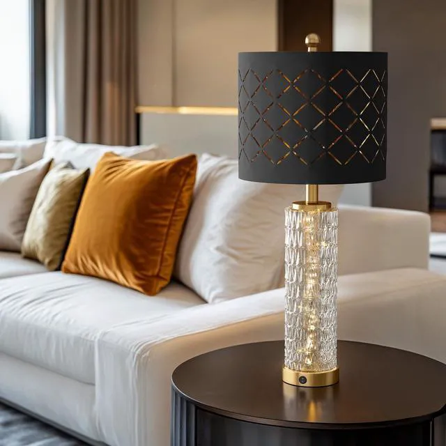 Alt view image 2 of 7 - 27.75" Modern Table Lamps Set of 2, Gold Bedside Lamp with Crystal Nightlight, USB A+C, Black Grid Shade, Unique Desk Lamps for Living Room, Bedroom, Nightstand, End Table (2 Bulbs Included)