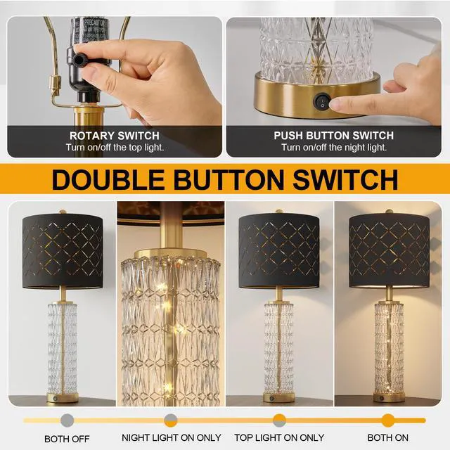 Alt view image 3 of 7 - 27.75" Modern Table Lamps Set of 2, Gold Bedside Lamp with Crystal Nightlight, USB A+C, Black Grid Shade, Unique Desk Lamps for Living Room, Bedroom, Nightstand, End Table (2 Bulbs Included)
