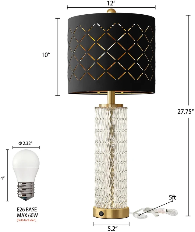 Alt view image 5 of 7 - 27.75" Modern Table Lamps Set of 2, Gold Bedside Lamp with Crystal Nightlight, USB A+C, Black Grid Shade, Unique Desk Lamps for Living Room, Bedroom, Nightstand, End Table (2 Bulbs Included)