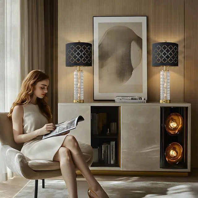 Alt view image 7 of 7 - 27.75" Modern Table Lamps Set of 2, Gold Bedside Lamp with Crystal Nightlight, USB A+C, Black Grid Shade, Unique Desk Lamps for Living Room, Bedroom, Nightstand, End Table (2 Bulbs Included)