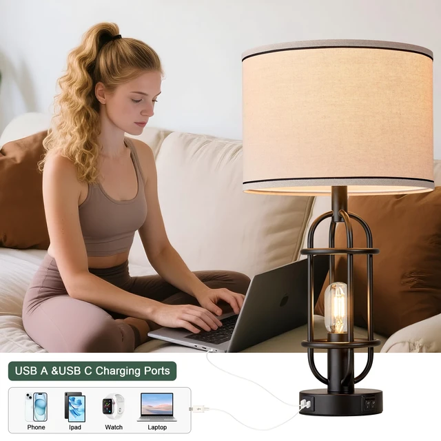 Alt view image 2 of 7 - 22.3 Farmhouse Table Lamps for Living Room Set of 2, Black Industrial Bedroom Lamps for Nightstands, End Table, Entryway, Dual Button Switch, USB A+C Ports, Bulbs Included