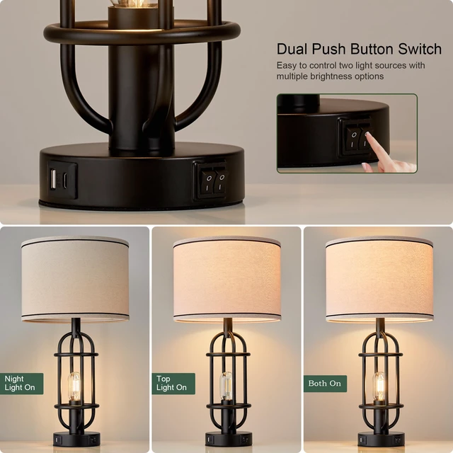 Alt view image 3 of 7 - 22.3 Farmhouse Table Lamps for Living Room Set of 2, Black Industrial Bedroom Lamps for Nightstands, End Table, Entryway, Dual Button Switch, USB A+C Ports, Bulbs Included