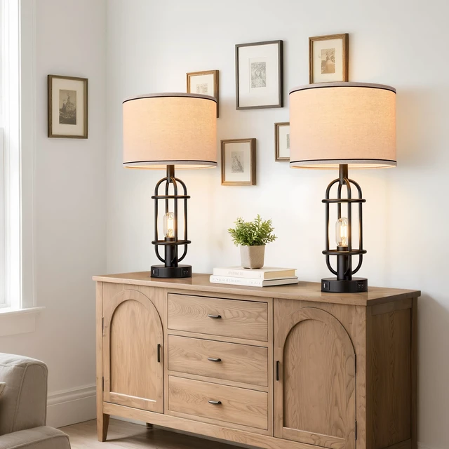 Alt view image 4 of 7 - 22.3 Farmhouse Table Lamps for Living Room Set of 2, Black Industrial Bedroom Lamps for Nightstands, End Table, Entryway, Dual Button Switch, USB A+C Ports, Bulbs Included