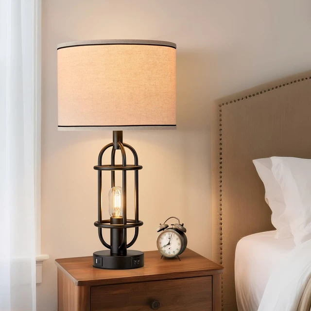 Alt view image 5 of 7 - 22.3 Farmhouse Table Lamps for Living Room Set of 2, Black Industrial Bedroom Lamps for Nightstands, End Table, Entryway, Dual Button Switch, USB A+C Ports, Bulbs Included