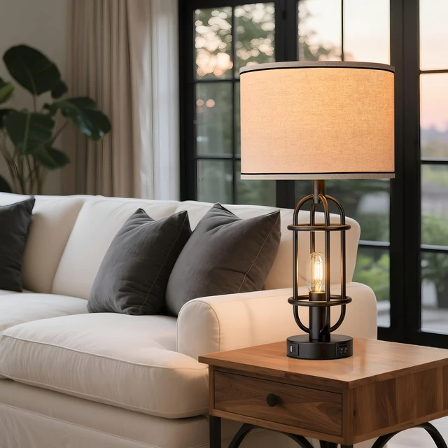 Alt view image 6 of 7 - 22.3 Farmhouse Table Lamps for Living Room Set of 2, Black Industrial Bedroom Lamps for Nightstands, End Table, Entryway, Dual Button Switch, USB A+C Ports, Bulbs Included
