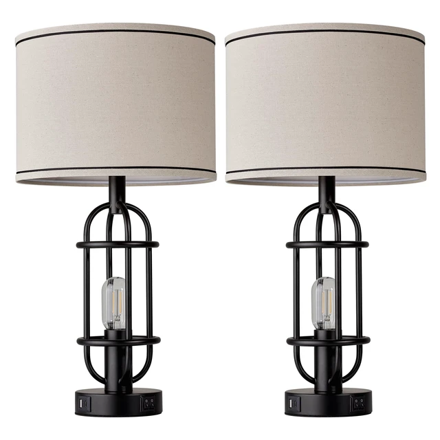 Alt view image 7 of 7 - 22.3 Farmhouse Table Lamps for Living Room Set of 2, Black Industrial Bedroom Lamps for Nightstands, End Table, Entryway, Dual Button Switch, USB A+C Ports, Bulbs Included