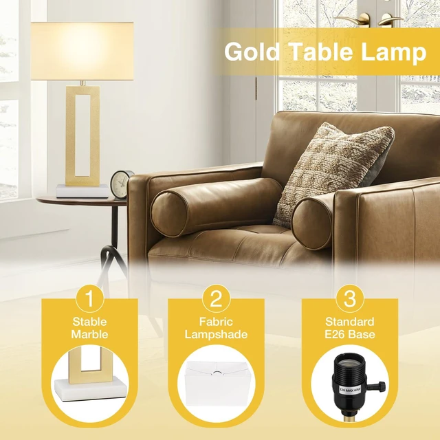Alt view image 3 of 7 - 22" Tall Bedroom Lamps for Living Room - Gold Bedside Lamps with Marble Base, Lamp for Nightstand with Knob Switch, Modern Night Stands Lamps for End Tables(White&Gold&Marble)