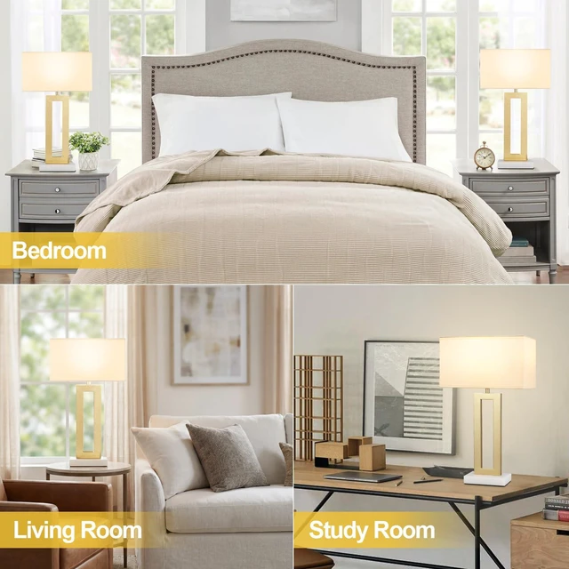 Alt view image 4 of 7 - 22" Tall Bedroom Lamps for Living Room - Gold Bedside Lamps with Marble Base, Lamp for Nightstand with Knob Switch, Modern Night Stands Lamps for End Tables(White&Gold&Marble)