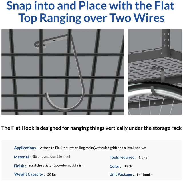 Alt view image 3 of 7 - 16 Pack Add On Storage Flat Hook Accessory for Garage Ceiling Rack and Wall Shelving, Max Weight Capacity up to 50lbs, Black