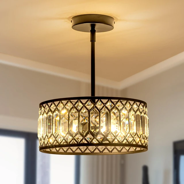 Alt view image 2 of 7 - 3-Light Crystal Ceiling Light, Modern Semi Flush Mount Light Fixture, Black Crystal Chandelier for Kitchen Bedroom Bathroom Entryway Hallway