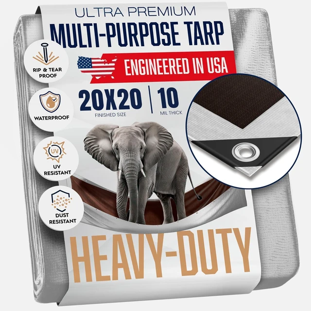 Main image of 20x20 Heavy Duty Tarp, 10 Mil Thick, Waterproof, Tear & Fade Resistant, High Durability, UV Treated, Grommets Every 18 Inches. (Silver/Brown - Reversible) (20 x 20 Feet)