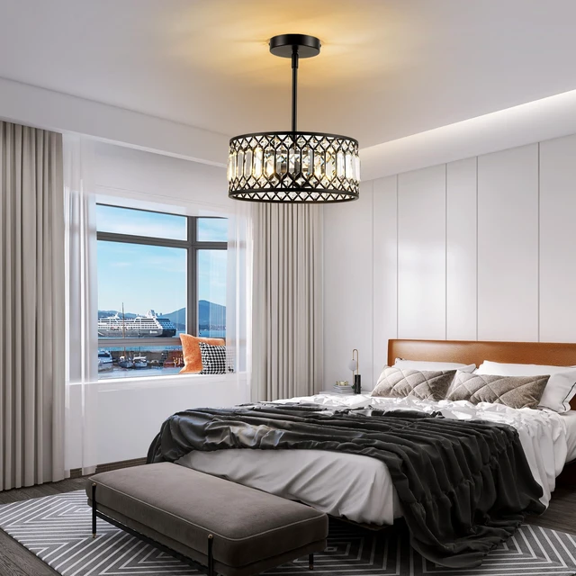 Alt view image 3 of 7 - 3-Light Crystal Ceiling Light, Modern Semi Flush Mount Light Fixture, Black Crystal Chandelier for Kitchen Bedroom Bathroom Entryway Hallway