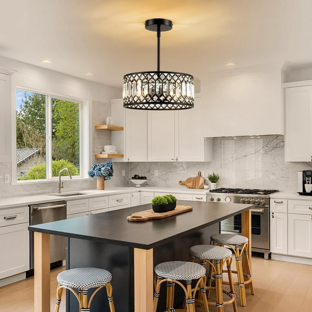 Alt view image 4 of 7 - 3-Light Crystal Ceiling Light, Modern Semi Flush Mount Light Fixture, Black Crystal Chandelier for Kitchen Bedroom Bathroom Entryway Hallway
