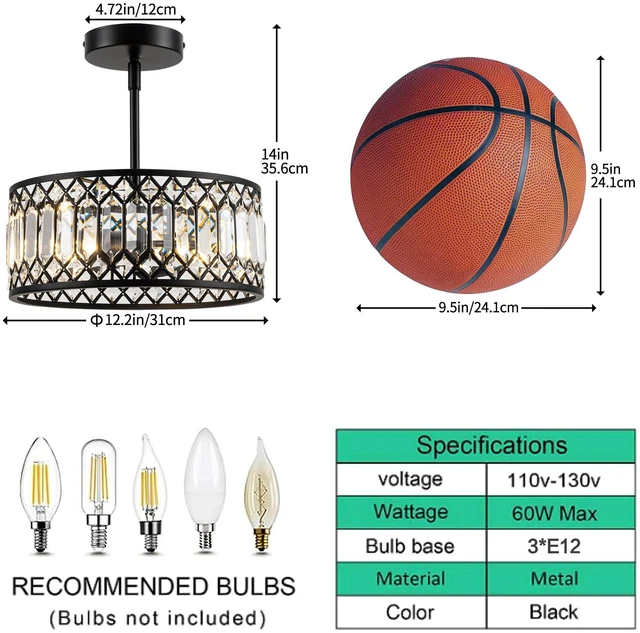 Alt view image 5 of 7 - 3-Light Crystal Ceiling Light, Modern Semi Flush Mount Light Fixture, Black Crystal Chandelier for Kitchen Bedroom Bathroom Entryway Hallway
