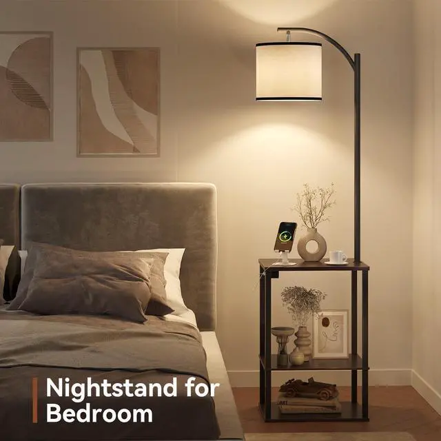 Alt view image 7 of 7 - Floor Lamp with Table Shelves, End Side Table for Living Room USB & AC Charging Stations, 3 Color Temperature 9W LED Bulb, Adjustable Shade, Modern Nightstand Lamps for Bedroom Office