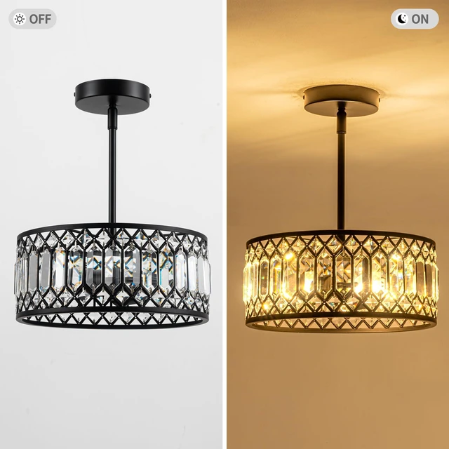Alt view image 6 of 7 - 3-Light Crystal Ceiling Light, Modern Semi Flush Mount Light Fixture, Black Crystal Chandelier for Kitchen Bedroom Bathroom Entryway Hallway