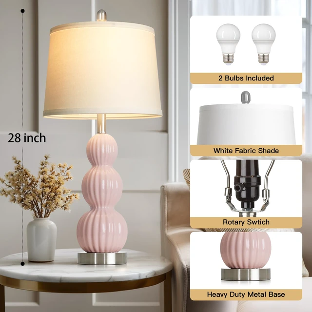 Alt view image 2 of 7 - 28" Pink Ceramic Table Lamps Set of 2, Modern Bedside Lamps for Night Stands, Triple Gourd Table Lamp for Living Room End Table or Bedroom Nightstand (2 LED Bulbs Included)