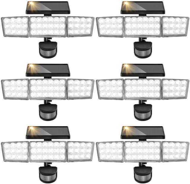 Main image of Solar Lights Outdoor, 3500LM 168 LED Motion Sensor Solar Flood Lights, 3 Heads 300° Wide Angle, 3 Modes IP65 Waterproof Solar Security Lights for Yard Garden Patio, 6 Pack (Black)