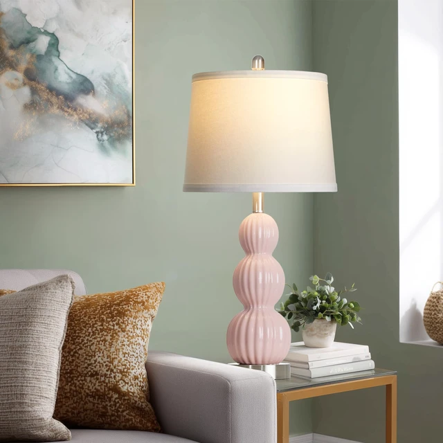 Alt view image 3 of 7 - 28" Pink Ceramic Table Lamps Set of 2, Modern Bedside Lamps for Night Stands, Triple Gourd Table Lamp for Living Room End Table or Bedroom Nightstand (2 LED Bulbs Included)