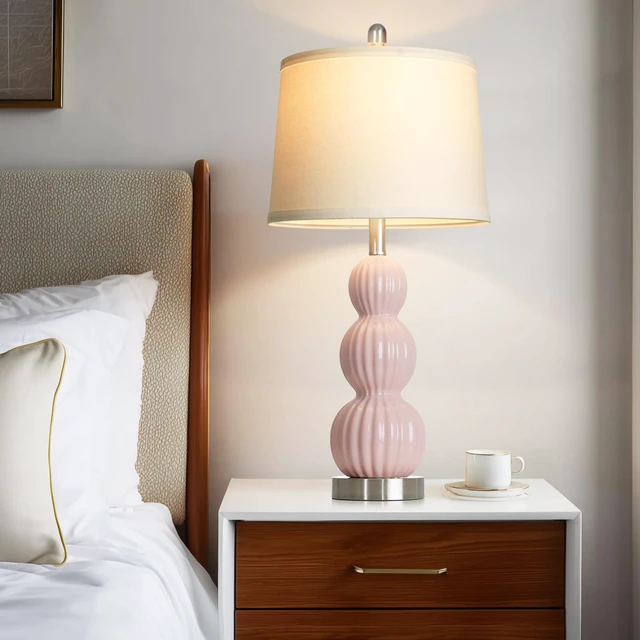 Alt view image 4 of 7 - 28" Pink Ceramic Table Lamps Set of 2, Modern Bedside Lamps for Night Stands, Triple Gourd Table Lamp for Living Room End Table or Bedroom Nightstand (2 LED Bulbs Included)