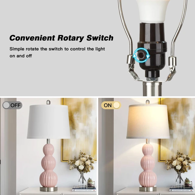 Alt view image 6 of 7 - 28" Pink Ceramic Table Lamps Set of 2, Modern Bedside Lamps for Night Stands, Triple Gourd Table Lamp for Living Room End Table or Bedroom Nightstand (2 LED Bulbs Included)